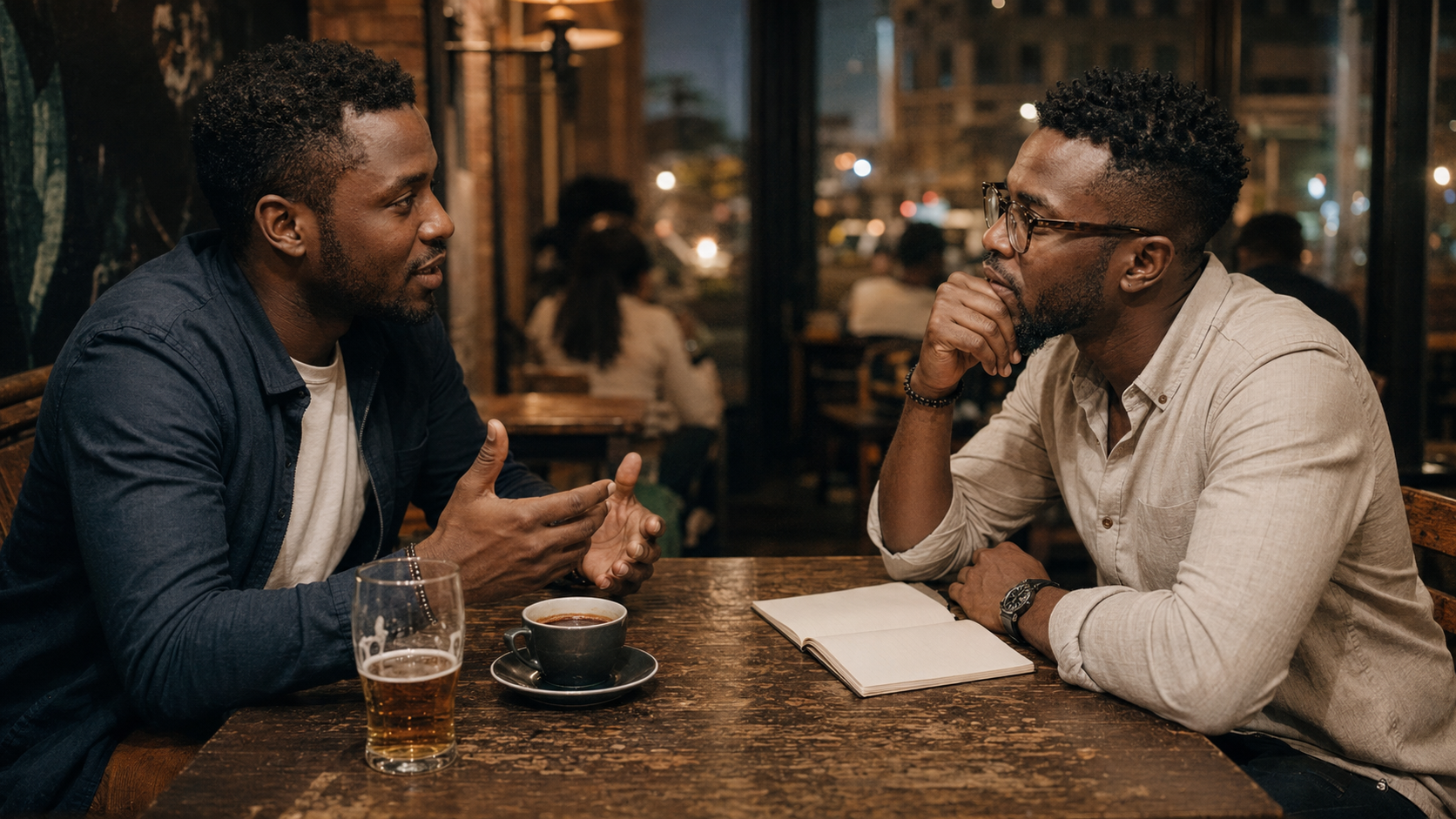 Two Nairobi fathers talking honestly over a drink and coffee