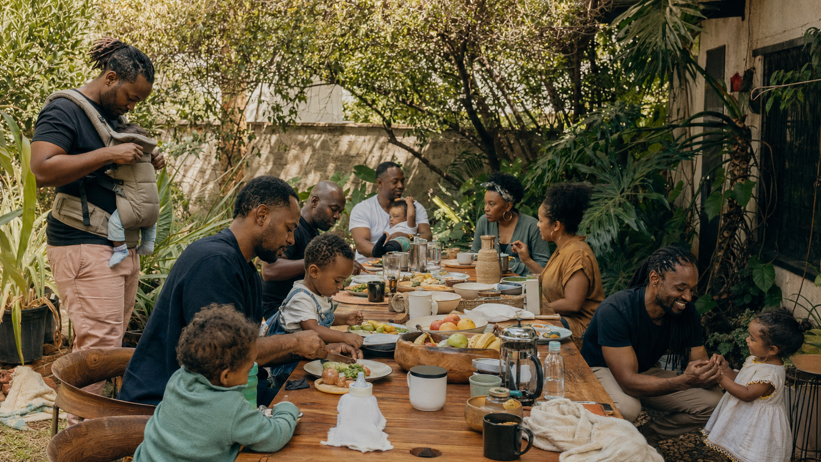 Nairobi fathers and families sharing a relaxed Sunday meal