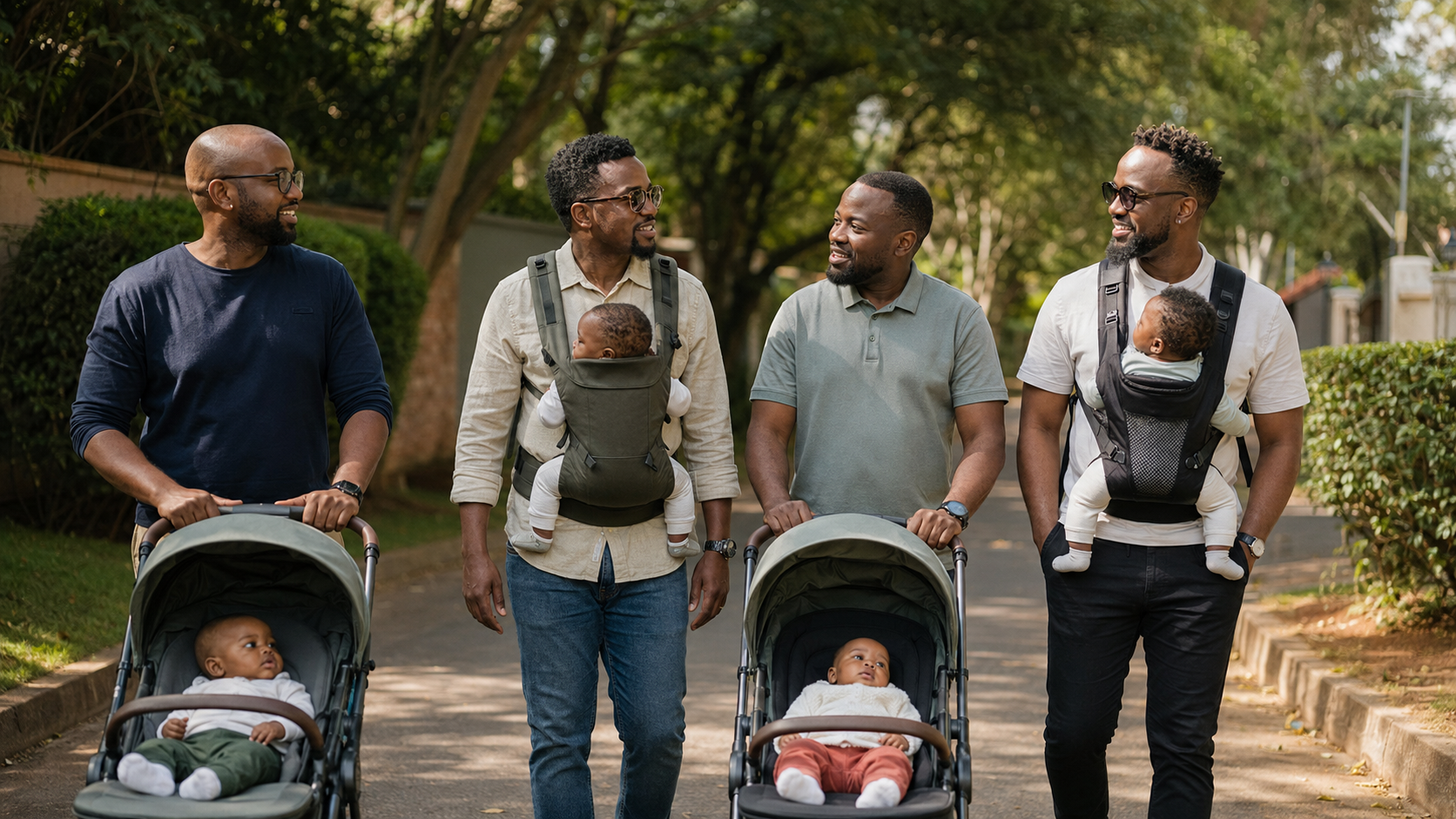 Four Nairobi fathers walking together with babies